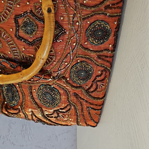 Vintage beaded metal and lurex accents bamboo handle purse clutch bag - Picture 2 of 15